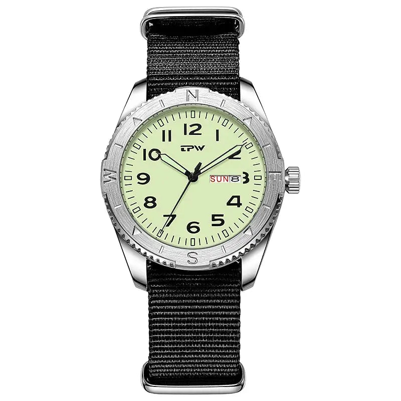 2026 TPW 40mm Field Watch by Simples Market, lime dial, black fabric strap, quartz, day/date, rotating bezel.