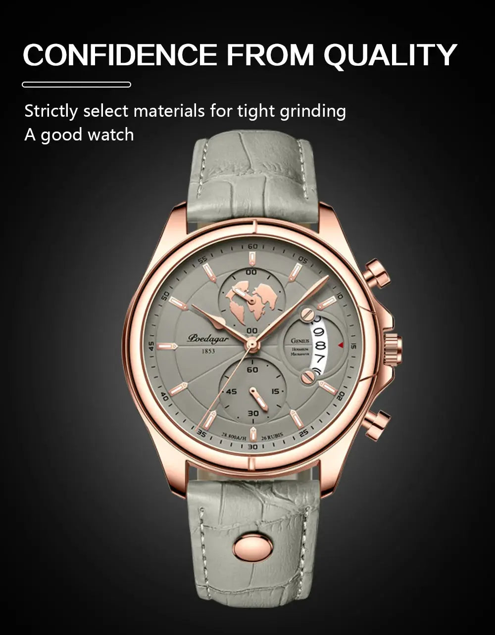 POEDAGAR men's watch with rose-gold case, grey leather strap, chronograph dial