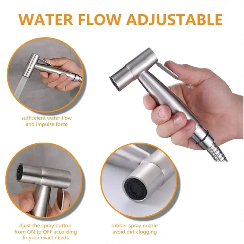 Handheld stainless steel toilet bidet sprayer with hose; adjustable water flow and rubber spray nozzle.