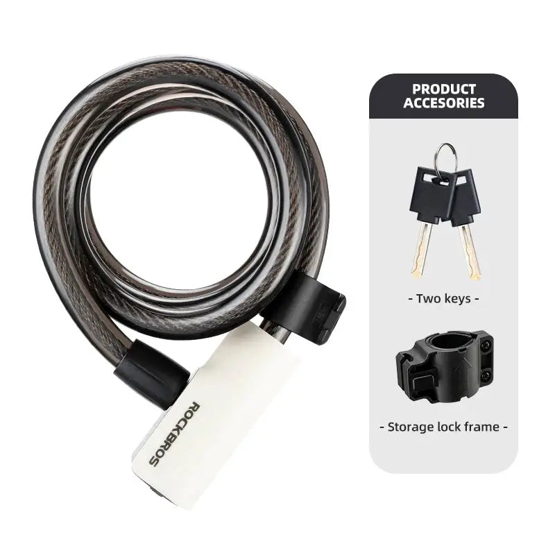 ROCKBROS portable bicycle lock cable with keys, braided steel cable and white lock housing, Simples Market