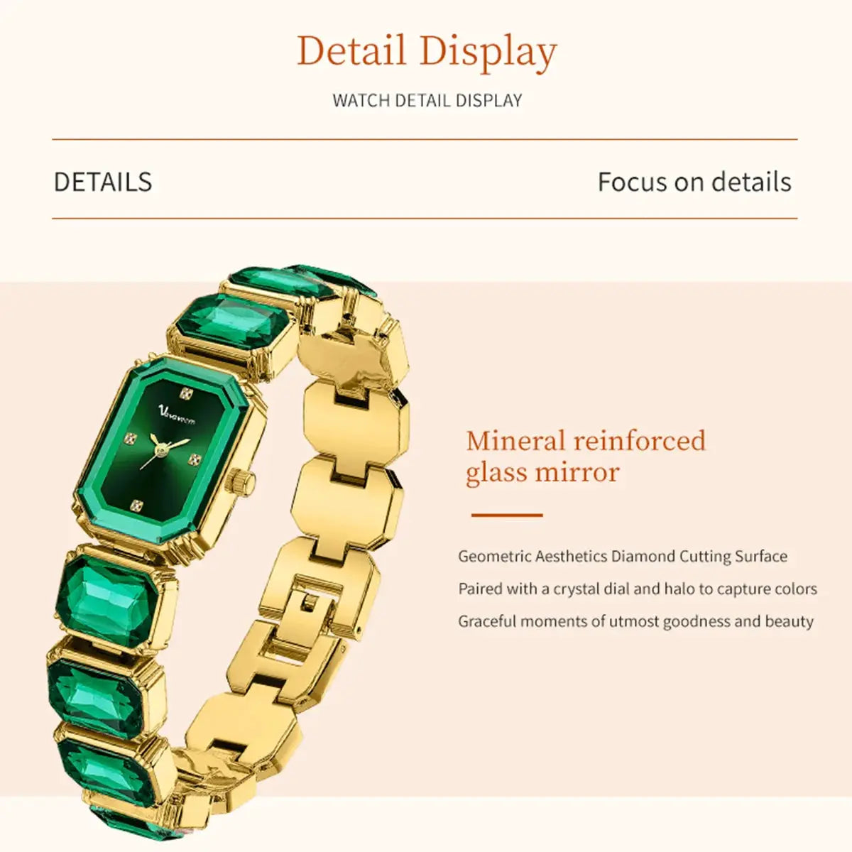 Women's square luxury watch by Simples Market, rose gold stainless steel with emerald green stone bracelet.