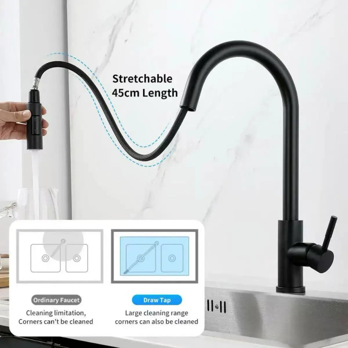 Black matte single-hole kitchen faucet with pull-out spray head and 45cm stretchable hose