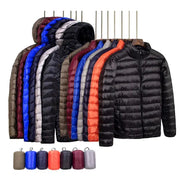 Simples Market men's down jacket collection; super light hooded puffer coats in assorted colors on hangers.