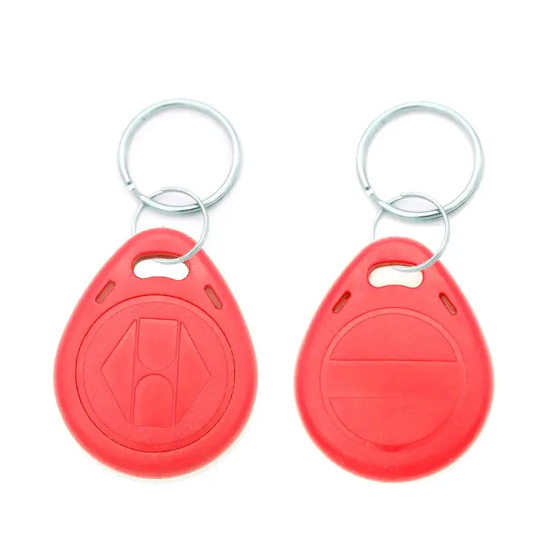 Two red EM4305 125kHz RFID keyfobs with metal rings; rewritable proximity tokens