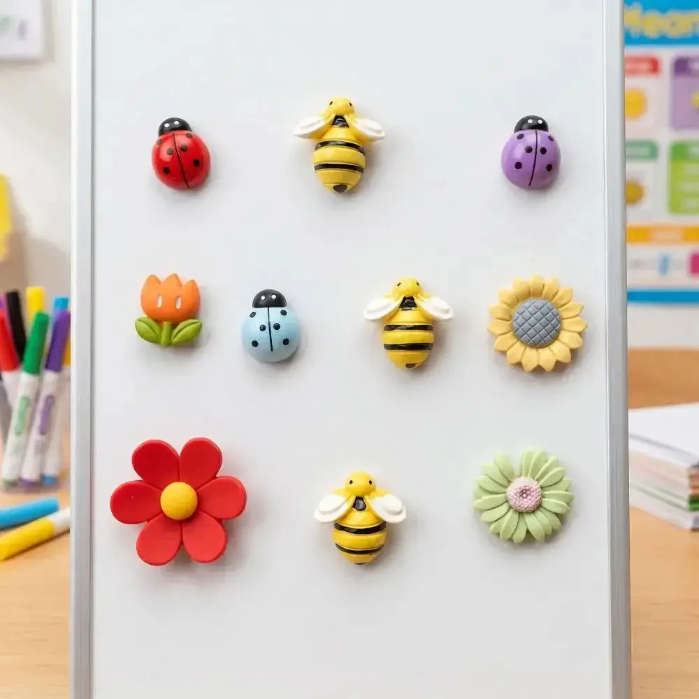 10-piece Simples Market refrigerator magnets set with colorful bees, ladybugs and flowers