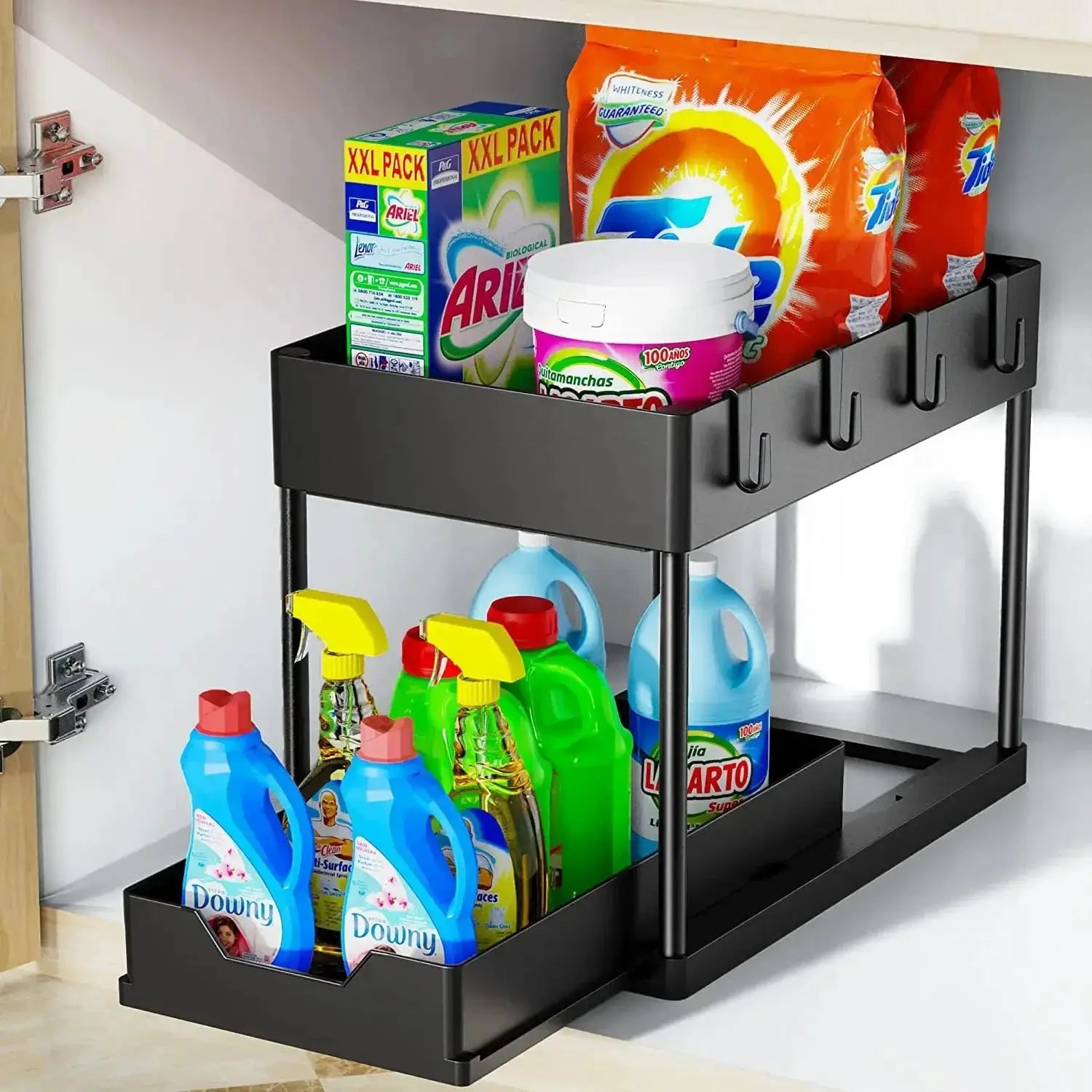 Under-sink storage rack by Simples Market, two-tier sliding cabinet organizer with hooks in black metal.