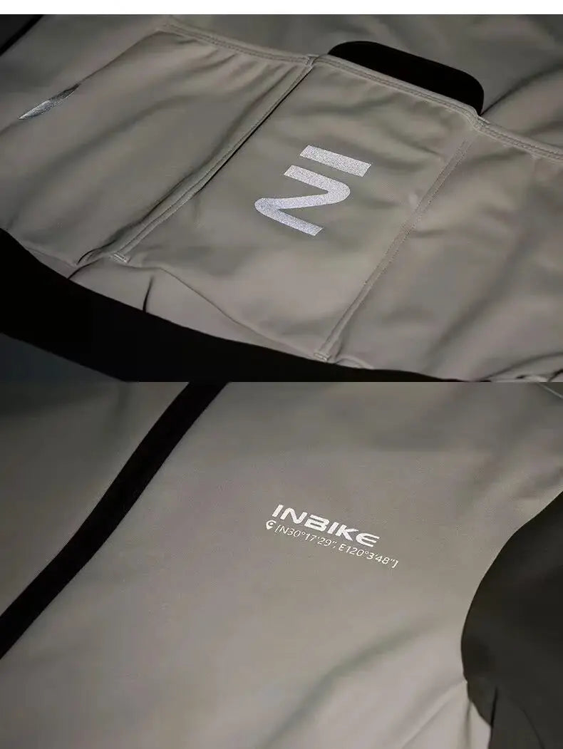 INBIKE men's winter cycling set in light gray fleece, long-sleeve jersey with pockets and bib pants