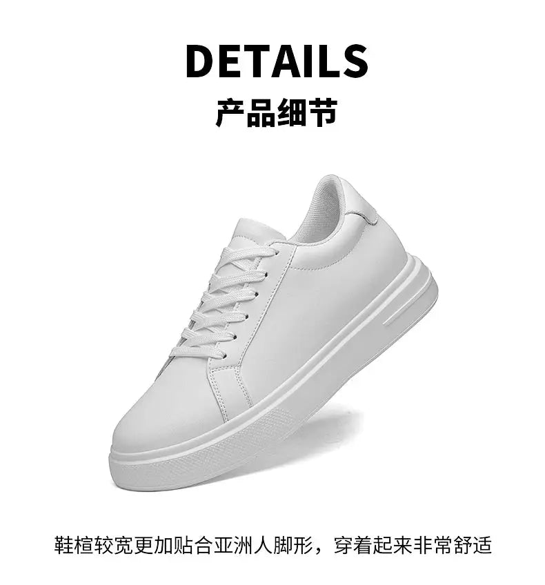 Men's white leather elevator sneakers with thick platform sole for 6–10 cm height boost