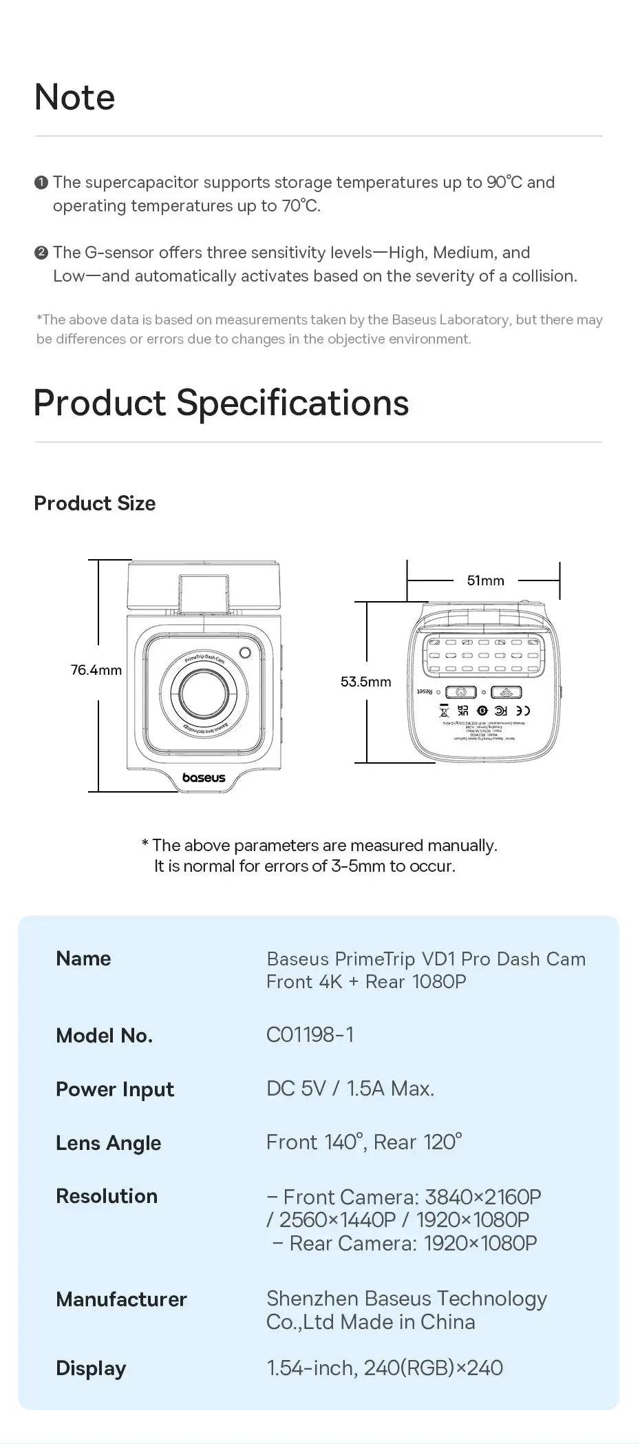 Baseus PrimeTrip VD1 Pro Dash Cam front 4K + rear 1080P