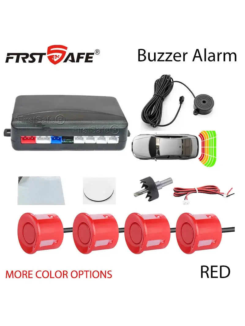 FirstSafe car parking sensor kit by Simples Market with 4 red sensors, control unit, buzzer, cables, and accessories