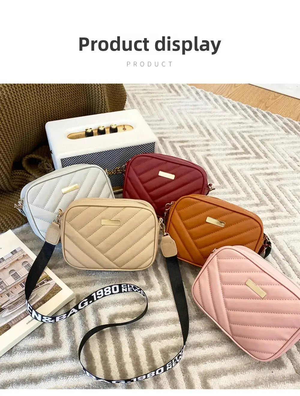 Six quilted PU shoulder bags in light blue, gray, beige, red, orange and pink with gold-tone plates and crossbody straps