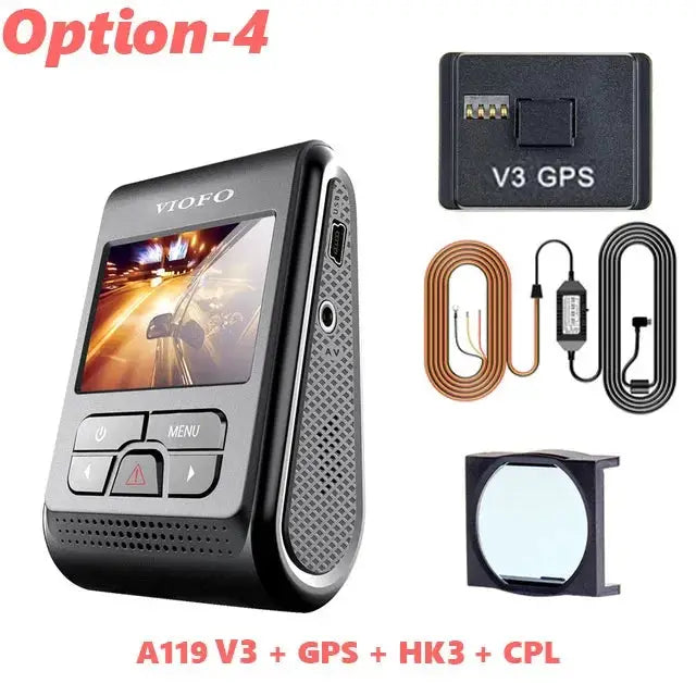 VIOFO A119 V3 dash camera, black with GPS module, CPL filter, and cable kit