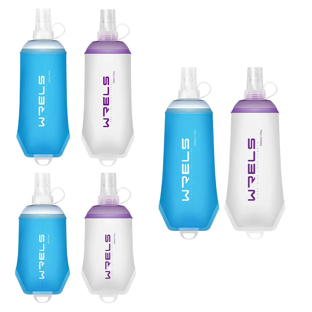 WRELS folding outdoor water bottle set, 6-pack, blue and white bottles with purple caps