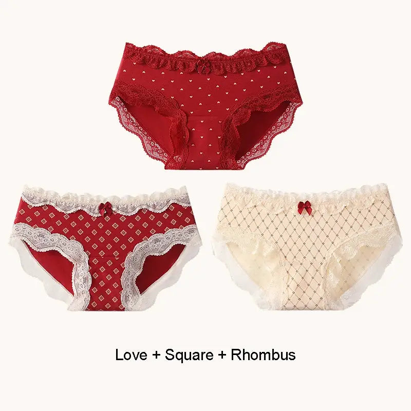 Women’s lace panties 3-pack in red, burgundy, and beige with delicate lace trims