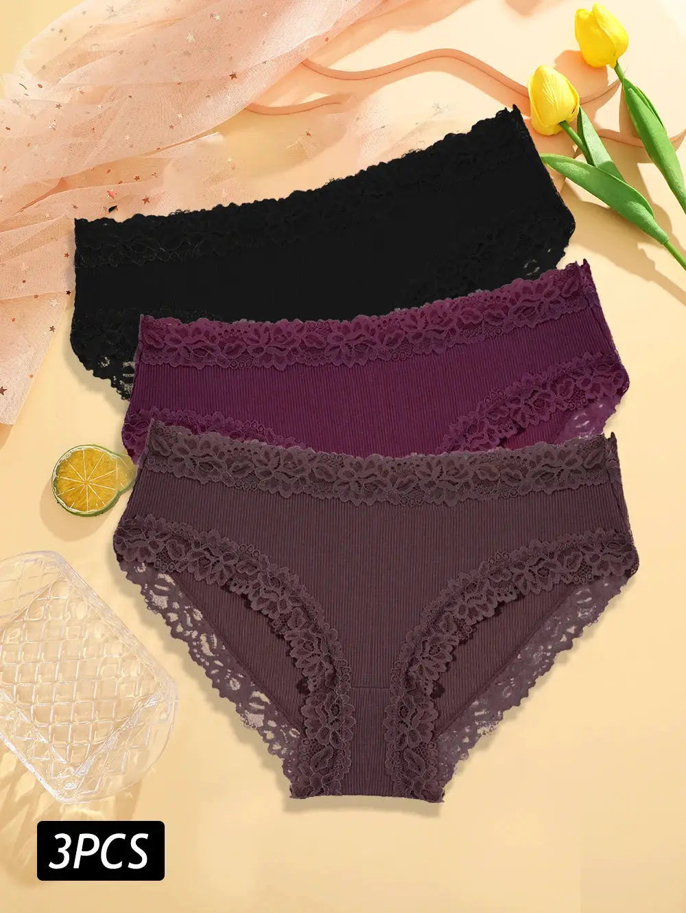 3PCS lace cotton panties set; black, purple, and burgundy low-rise seamless briefs with floral lace trim