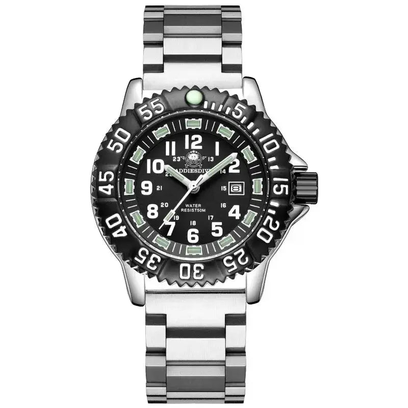 Addies Dive men's watch with black dial, rotating bezel, date display, and stainless steel bracelet 50m water resistant