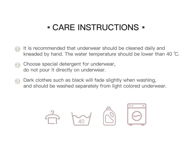 Simples Market bra care: hand wash under 40°C; use underwear detergent; wash dark and light separately; icons: hanger, 40°C tub, detergent, washing machine.