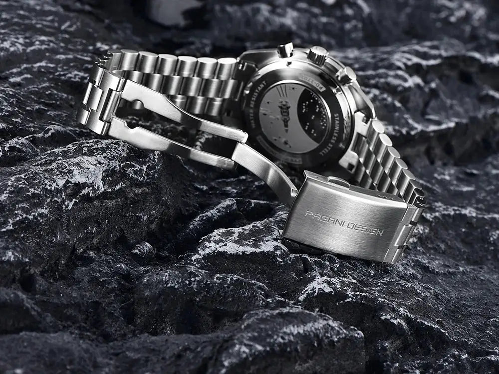 Pagani Design stainless steel men's sport chronograph watch with silver bracelet and branded clasp