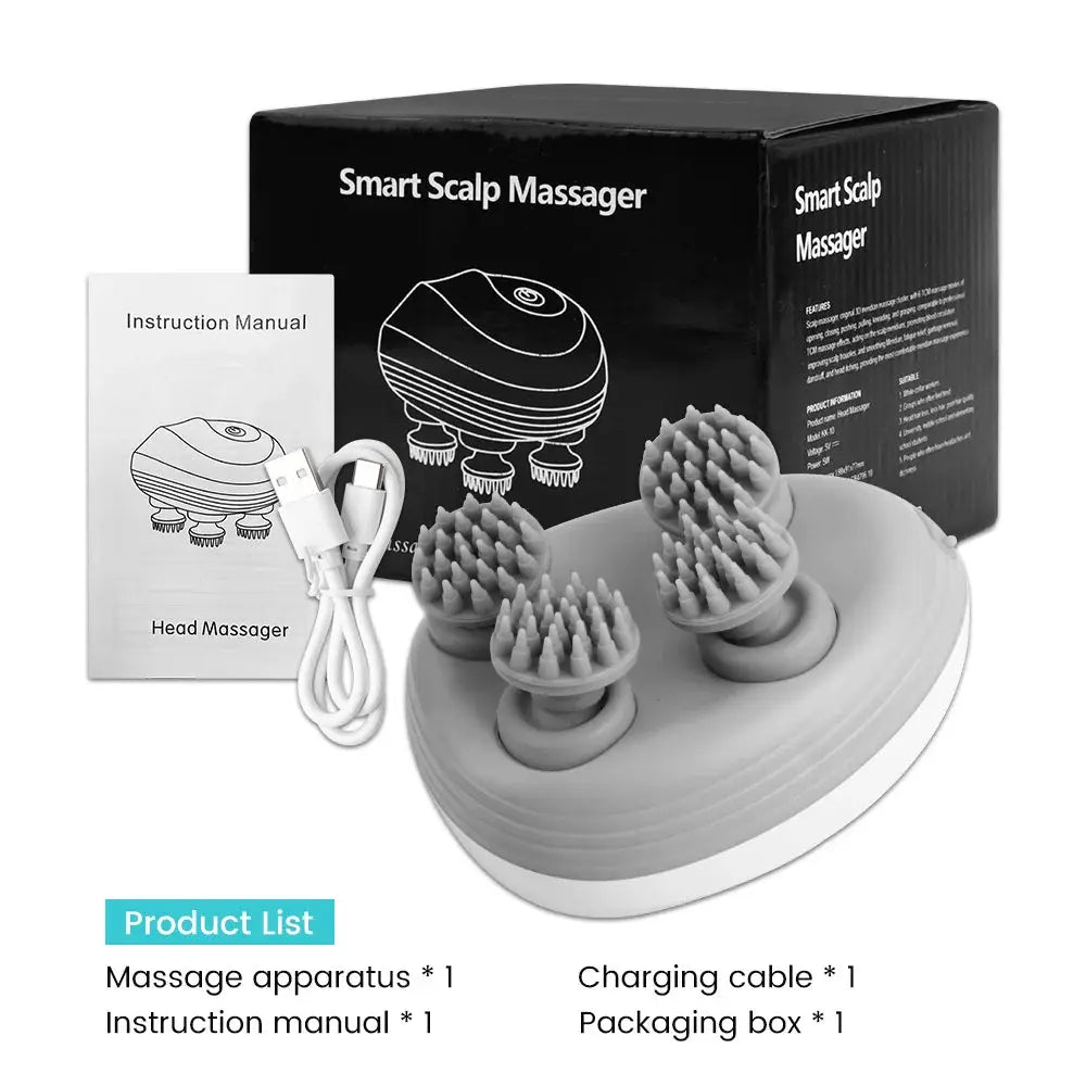 Simples Market electric head scalp massager with 4 kneading heads, USB charging cable, user manual, and box (4-piece kit).