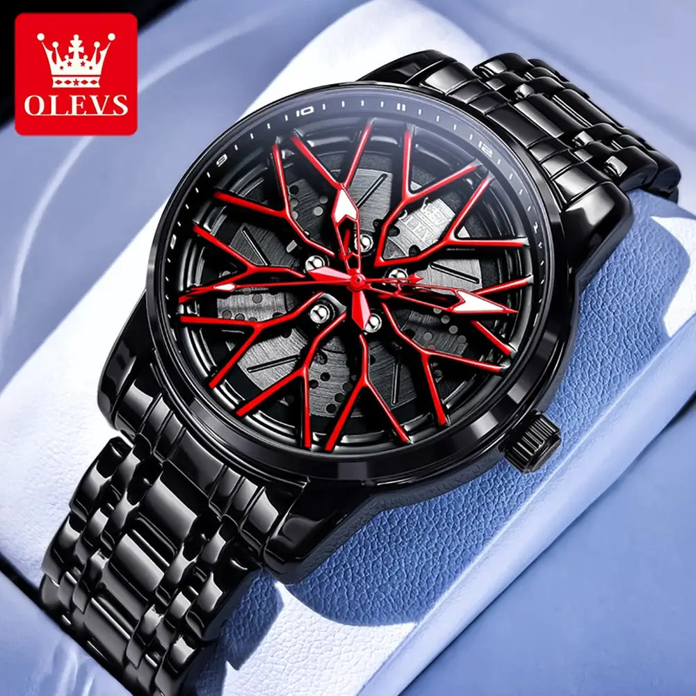 OLEVS men's skeleton quartz watch with red lattice dial, black stainless steel band, 30m water resistant