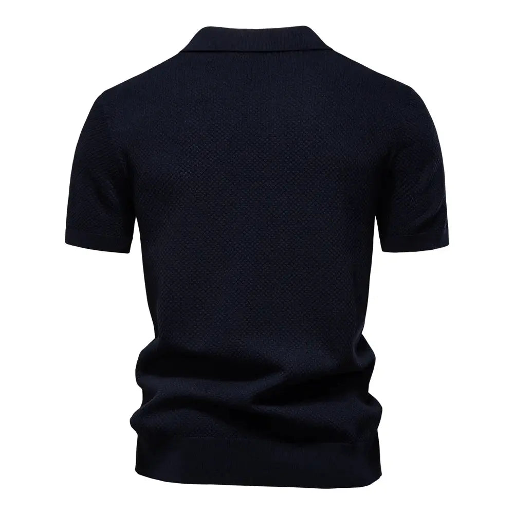 Simples Market men's navy polo shirt with textured breathable knit fabric, short sleeves, back view