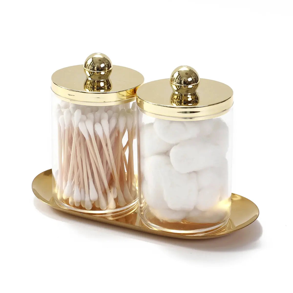 Lumina Home Qtip Holder Bathroom Set With Golden Tray And Acrylic Apothecary Jars Lid For Organized Countertop