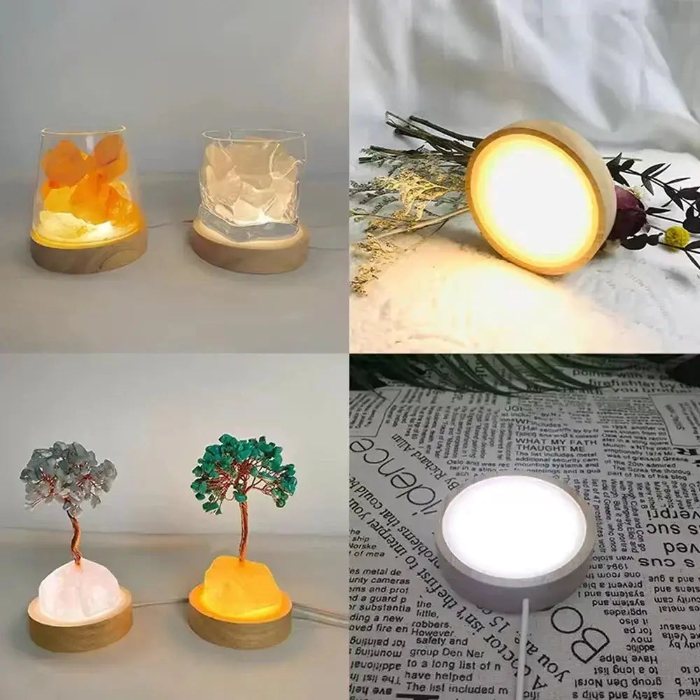 Simples Market four-piece round wooden LED night light bases with crystals and glass ball accents