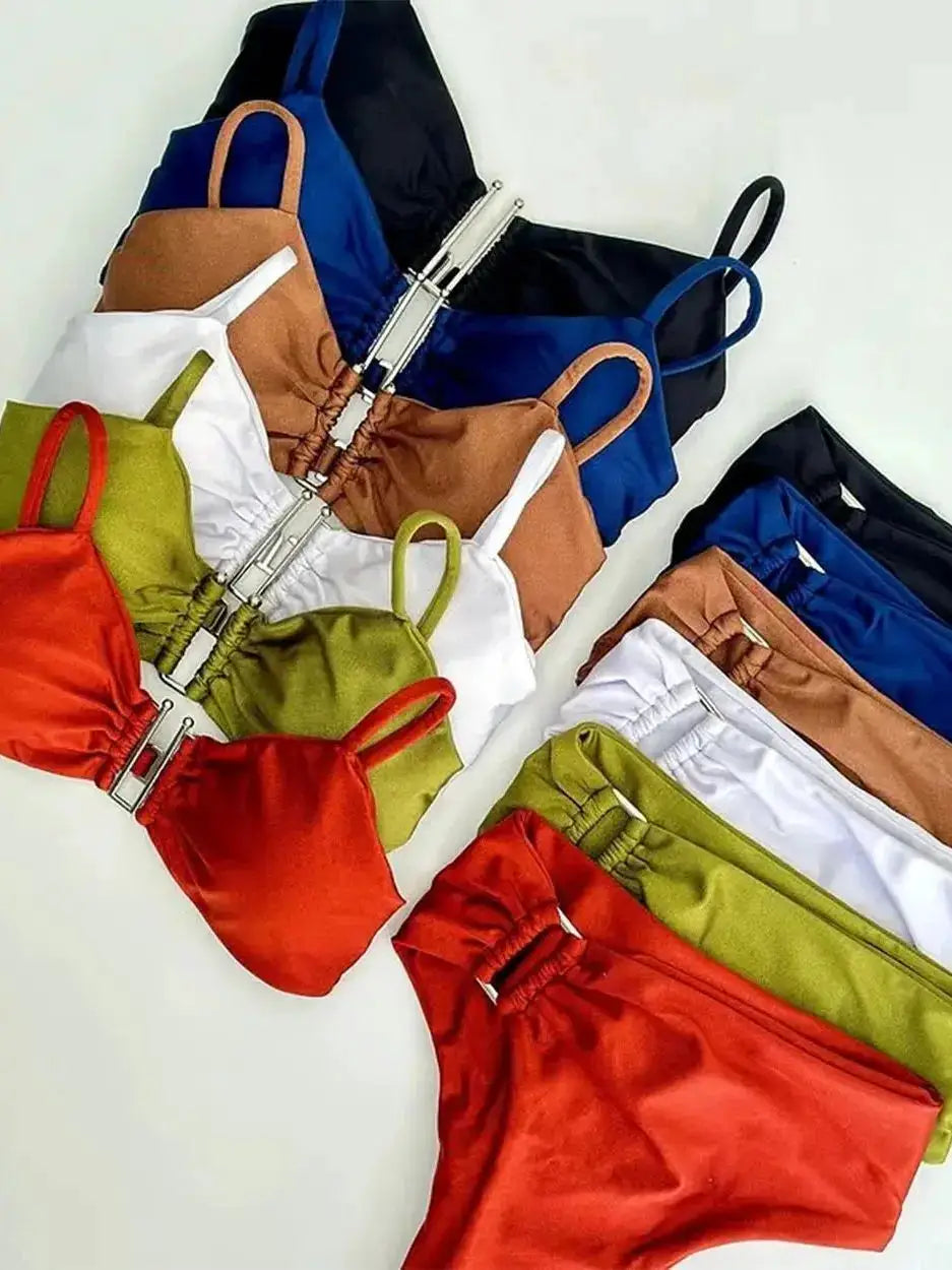 Bandeau bikini sets in multiple colors with matching bottoms, arranged in a circle.