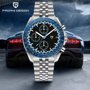 PAGANI DESIGN men's stainless steel chronograph watch with blue tachymeter bezel and black dial.