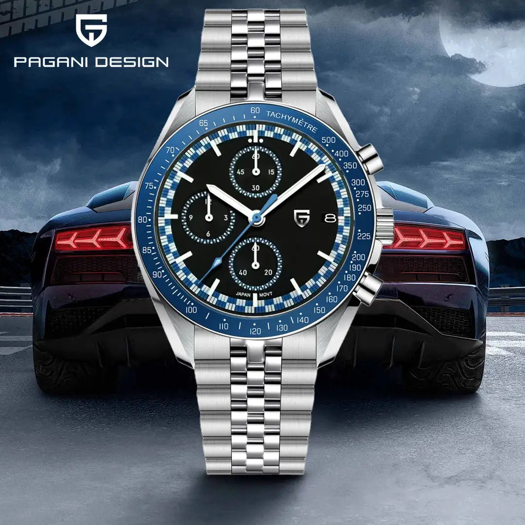 PAGANI DESIGN men's stainless steel chronograph watch with blue tachymeter bezel and black dial.
