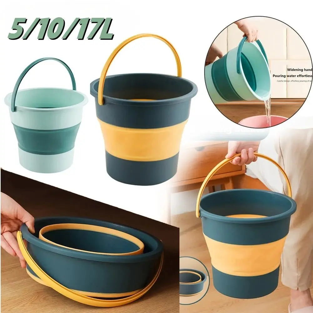 Folding silicone bucket with lid, 5/10/17L, teal and yellow, Simples Market set of 2
