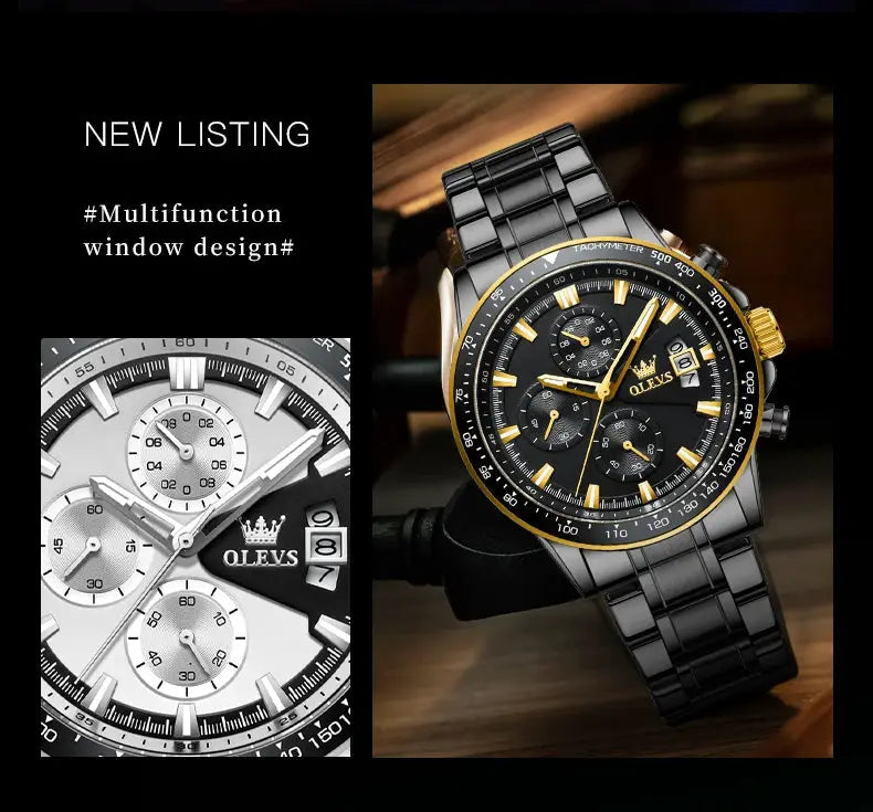 Two OLEVS TY705 men's wristwatches by Simples Market; black stainless steel with gold bezel, luminous chronograph.