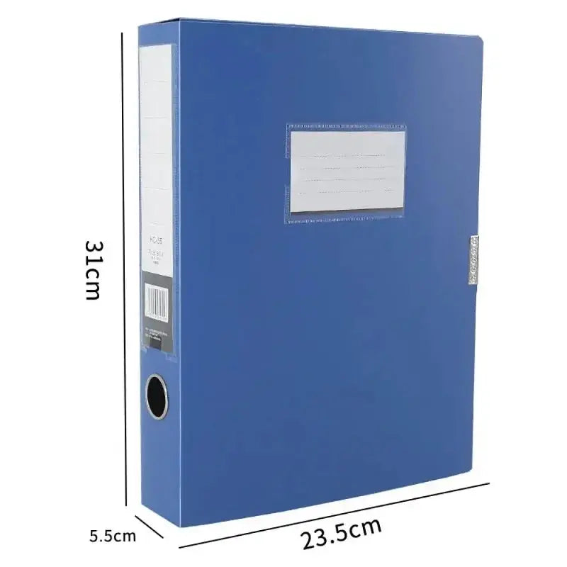 A4 storage file box with lid, blue plastic, 3in thick folder organizer.