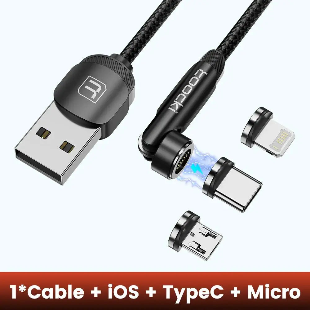 Toocki 540 rotate magnetic USB-C cable with black braided cord and magnetic adapters for iOS, Type-C, Micro USB