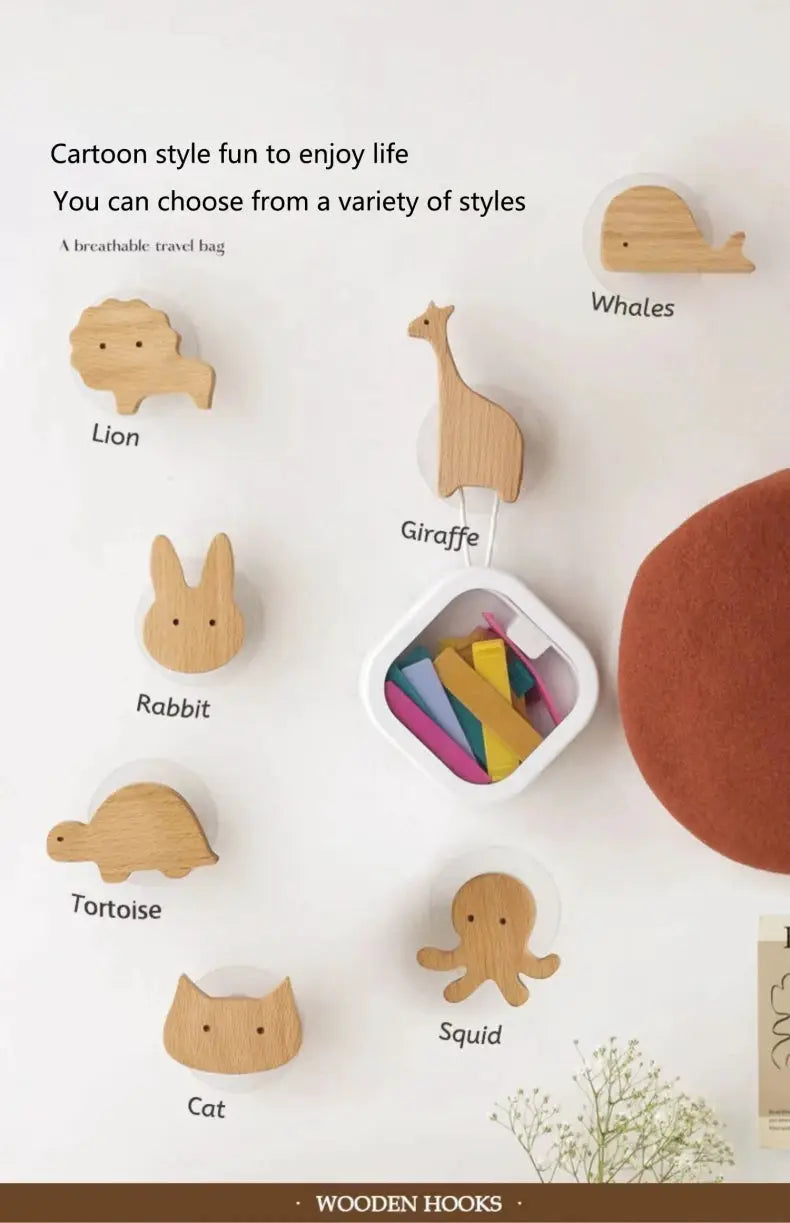 Wooden animal hooks for kids' room by Simples Market; natural wood finish, 7-piece wall hanger set