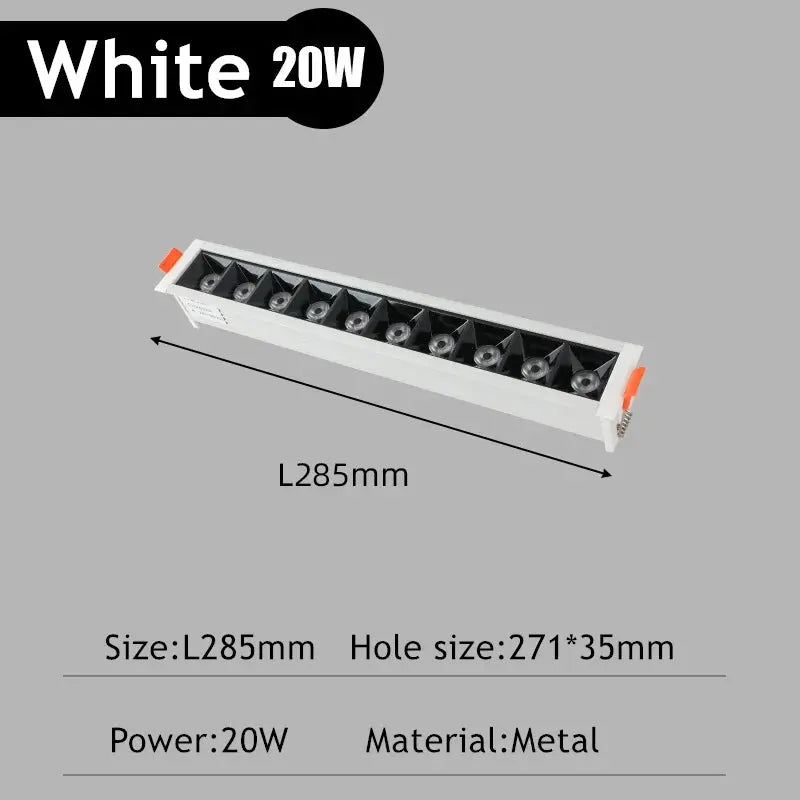 Rectangular white LED recessed downlight with metal grille, 20W, 285mm long, Simples Market