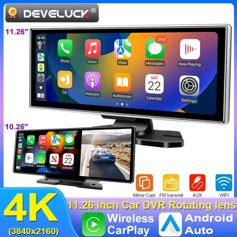 Dash Cam 4K Car DVR Wireless CarPlay Android Auto GPS Nav Dual Lens