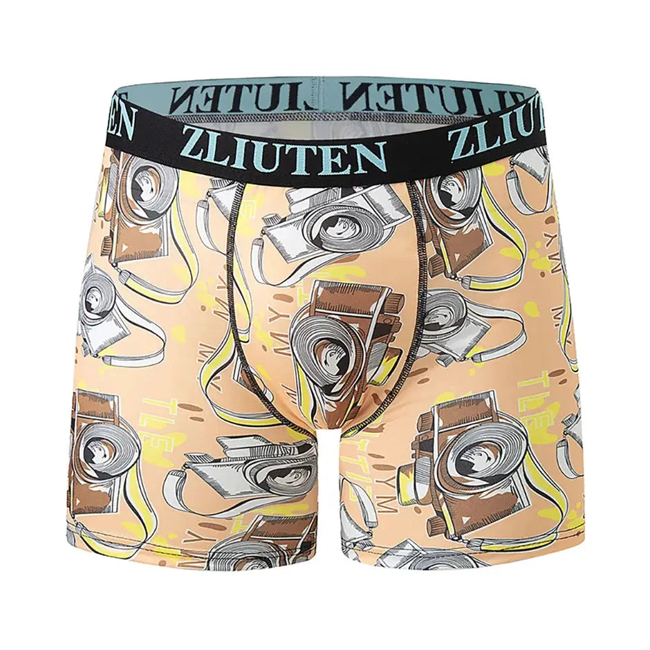Simples Market men's boxer shorts with beige camera-print pattern and black elastic waistband.