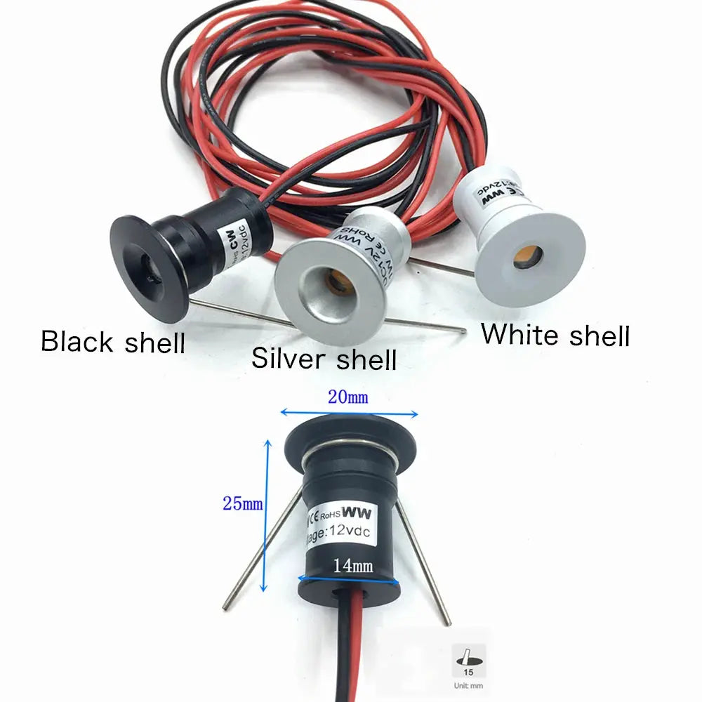 1W mini LED downlight kit with three 12V dimmable spotlights in black, silver, white shells with red/black leads.