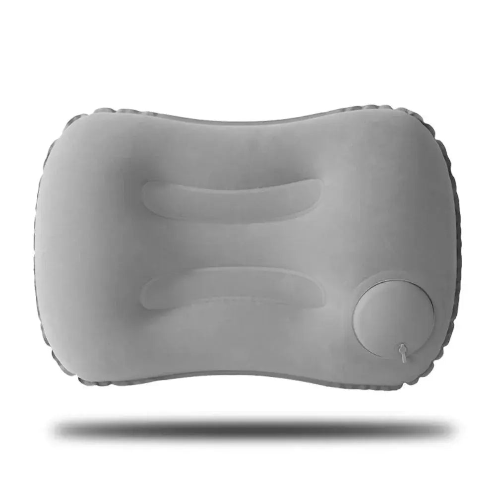 Simples Market portable inflatable neck pillow, gray with built-in inflation valve.