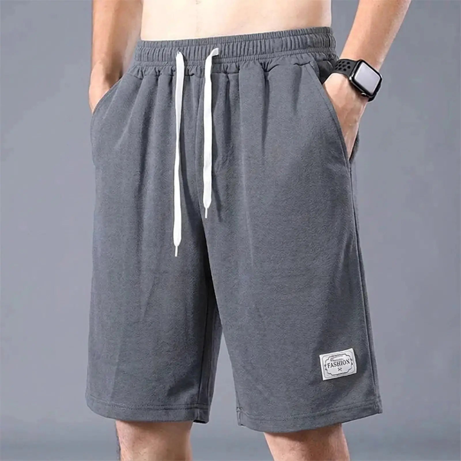 Lce Silk Shorts by Simples Market, gray with white drawstrings and a fashion patch