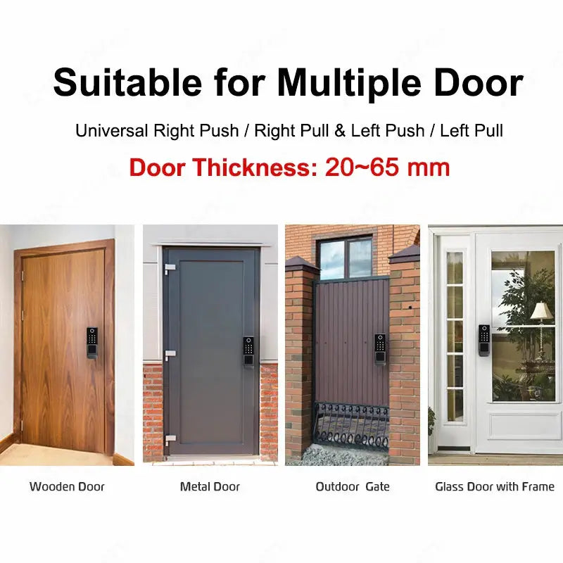 Tuya WiFi smart door lock; shown on wooden, metal, outdoor gate, and glass doors.