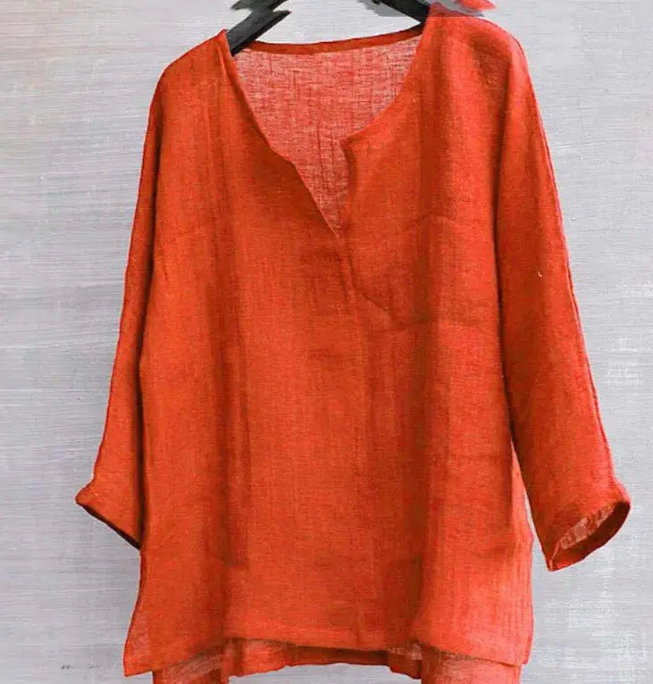 Men's long-sleeve orange-red solid V-neck shirt, loose casual fit