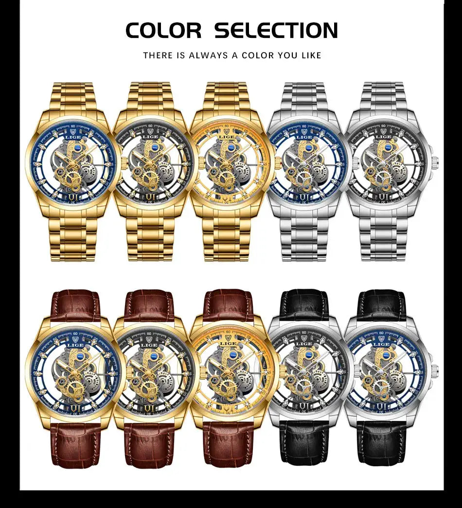 Original LIGE skeleton men's watches set (10) featuring gold and silver stainless steel bracelets and leather straps