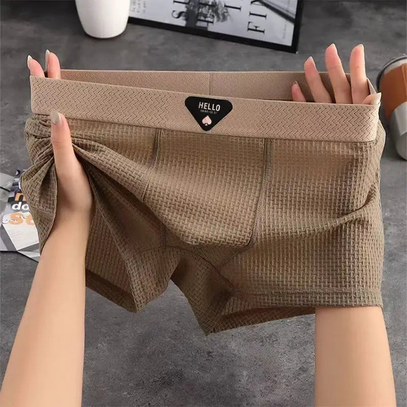 Men's boxer shorts in tan ice-silk fabric, plus-size with HELLO waistband logo