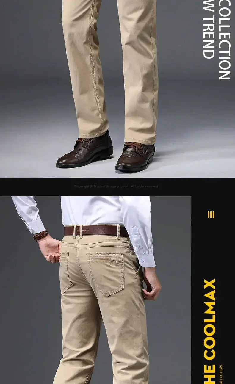 Men's beige cotton pants by Simples Market for business casual wear; front and back views.