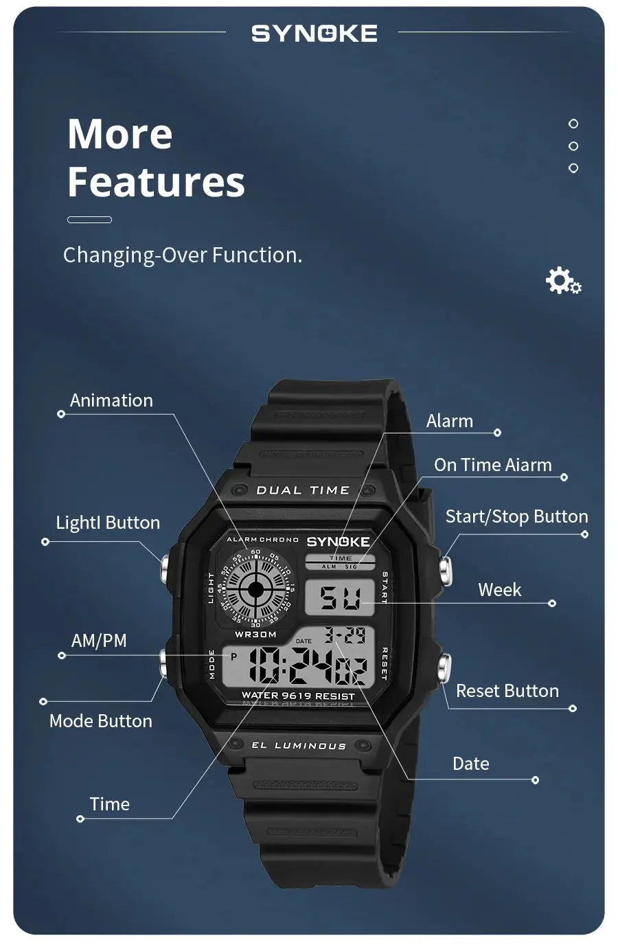 SYNOKE Military Digital Watches Men Sports Luminous Chronograph Waterproof Male Electronic Wrist Watches Relogio Masculino