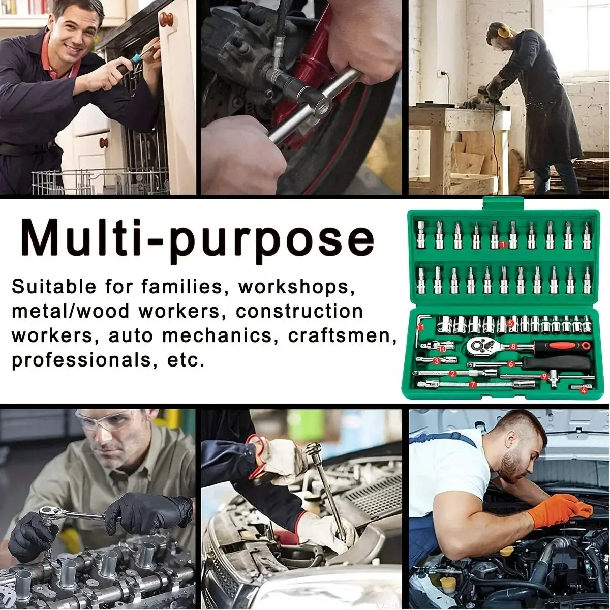 46 Piece Family Tools One Quarter Inch Drive Mechanic Tool Kit For Auto Repair With Sockets And Ratchet Wrench