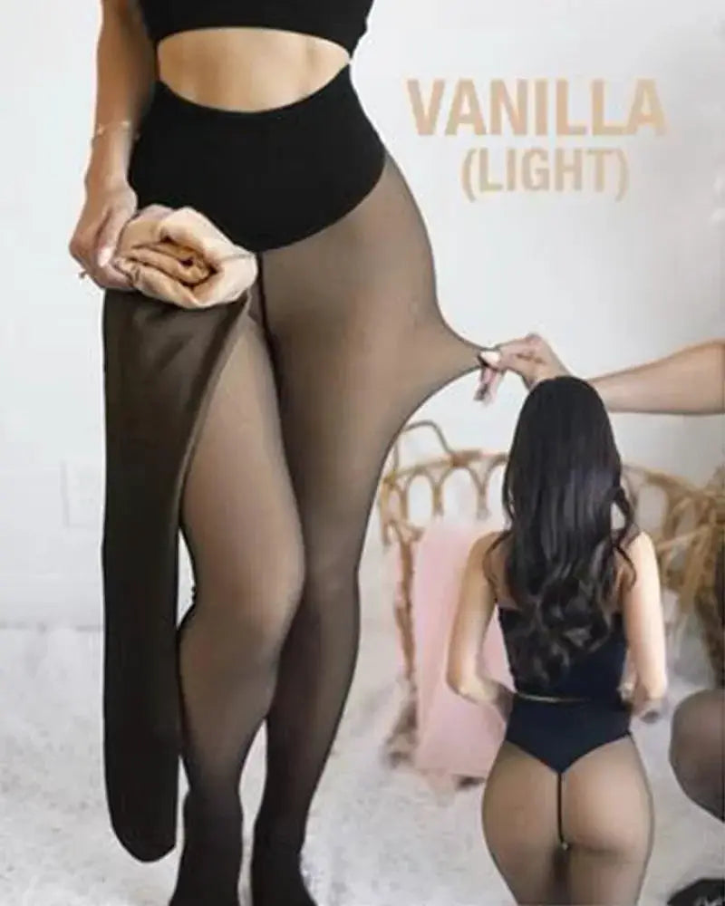 One-seam fleece-lined tights in black; shaping thermal pantyhose with control top
