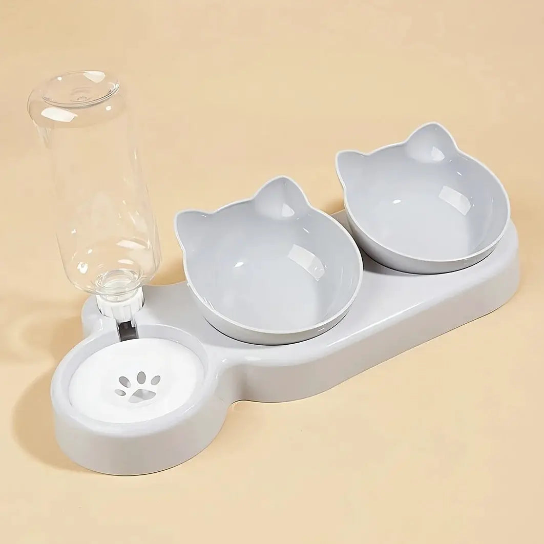 Pet bowls with water feeder by Simples Market, 3-in-1 ear-design tilted cat bowls with gravity bottle, white